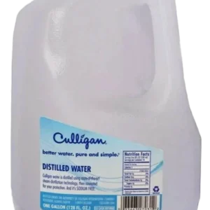 A one-gallon clear plastic jug of Culligan Distilled Water with a blue and white label, set against a black background.