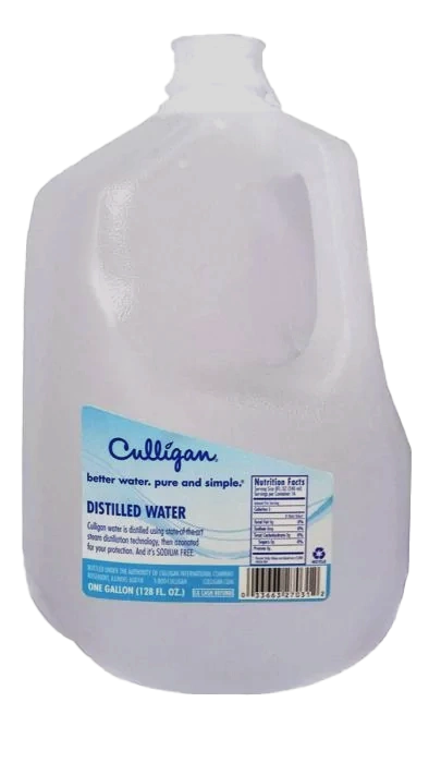 A one-gallon clear plastic jug of Culligan Distilled Water with a blue and white label, set against a black background.