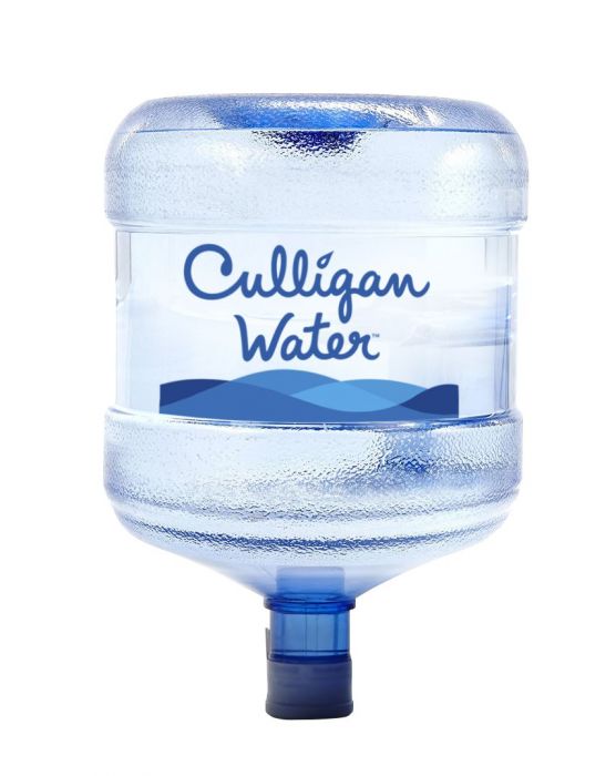 A large, clear plastic Culligan Water bottle filled with water, featuring the brand logo and blue wave design, set against a white background.