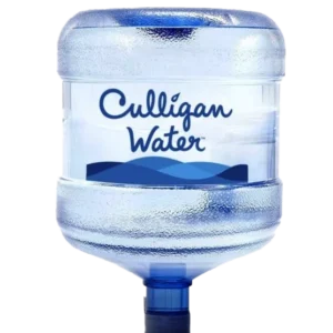 A large, clear Culligan Water bottle filled with water, against a black background.