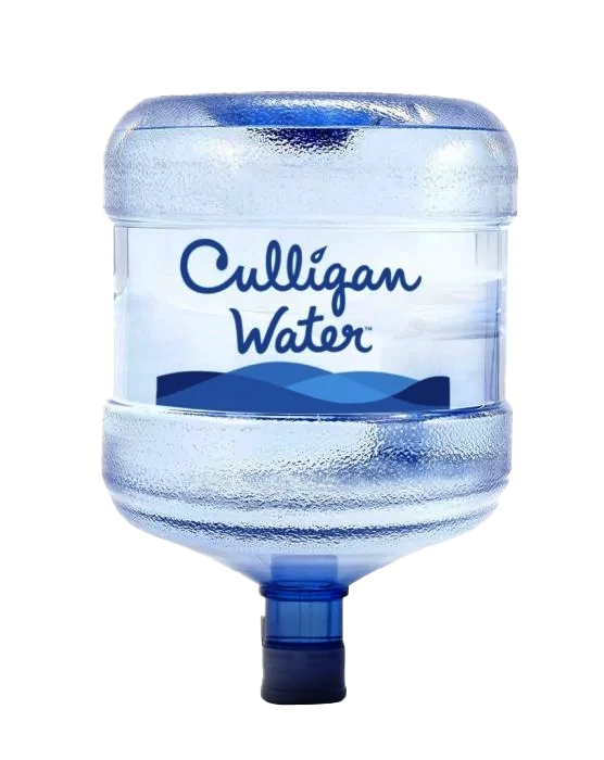 A large, clear Culligan Water bottle filled with water, against a black background.