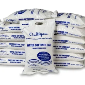 A large stack of white Culligan Water Softener Salt bags, each 40 lbs, with one bag standing upright in the foreground.