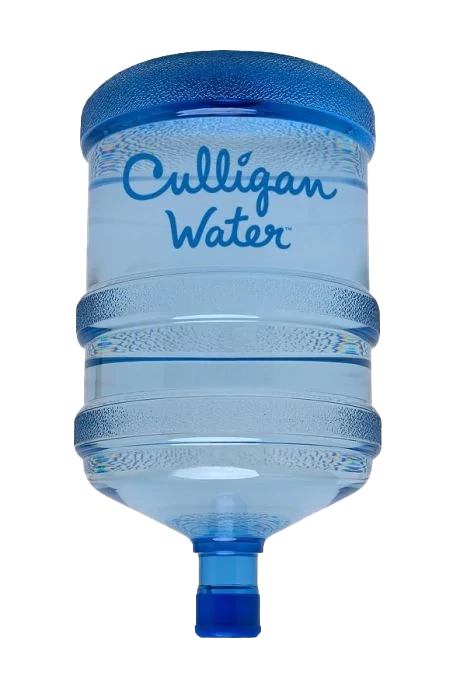 A full, clear Culligan Water bottle with a blue cap and neck, set against a black background.
