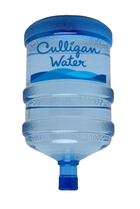 A large, clear plastic Culligan Water bottle with a blue label and cap, set against a black background.