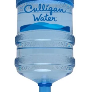 A large, clear plastic Culligan water bottle, filled with water, featuring a blue label and cap, against a white background.