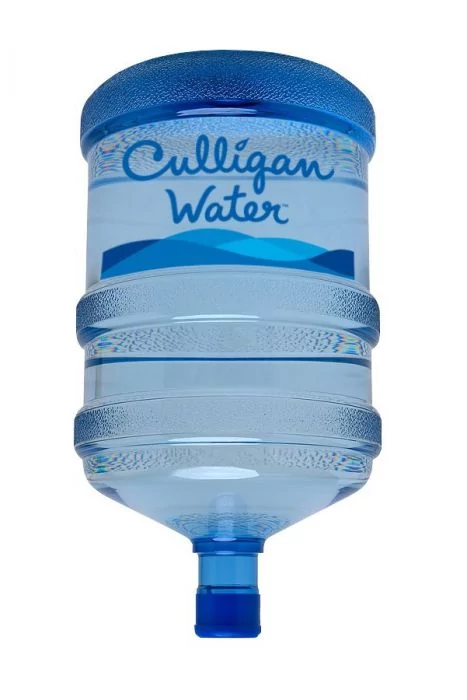 A large, clear plastic Culligan water bottle, filled with water, featuring a blue label and cap, against a white background.