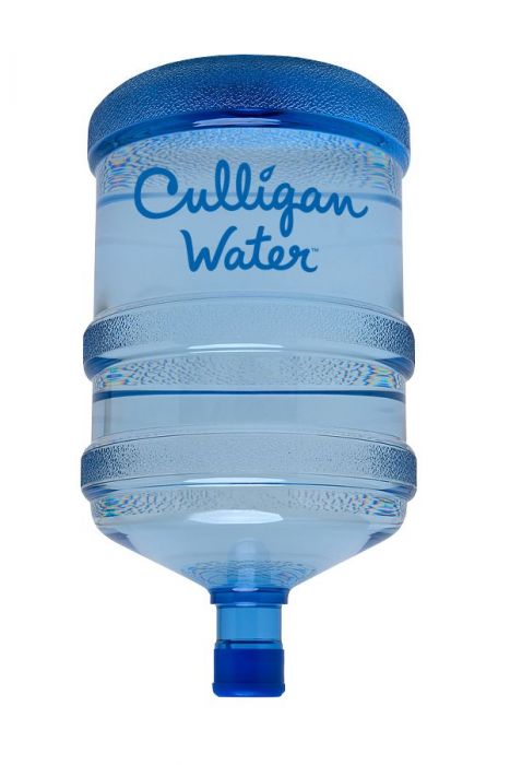 A large, clear blue plastic Culligan Water bottle with a dark blue cap, shown against a white background.