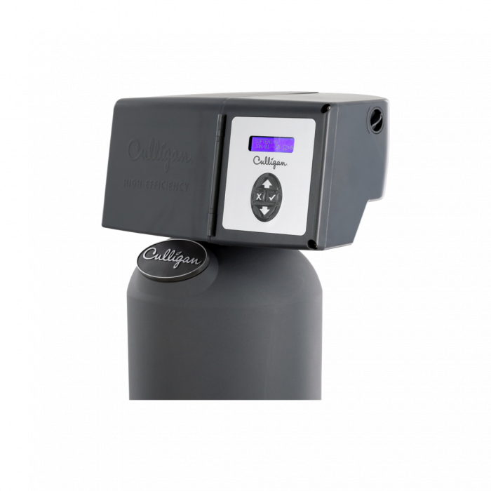Close-up of a dark gray Culligan High-Efficiency water softener control head. It features a digital screen displaying 