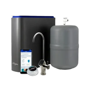 A Culligan under-sink water filtration system, featuring a dark grey main unit, a grey pressure tank, a brushed metal faucet, a smartphone displaying the Culligan app, and a small round smart monitor, all on a black background.