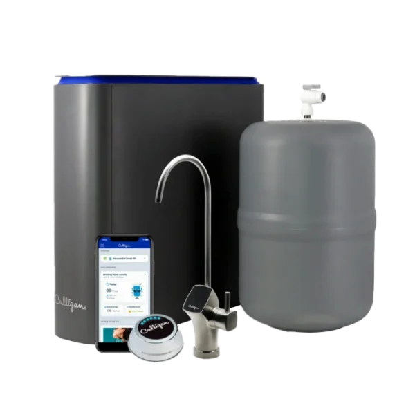 A Culligan under-sink water filtration system, featuring a dark grey main unit, a grey pressure tank, a brushed metal faucet, a smartphone displaying the Culligan app, and a small round smart monitor, all on a black background.
