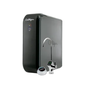 A black Culligan water purification system with a chrome gooseneck faucet and a circular remote dispenser button, shown against a black background.