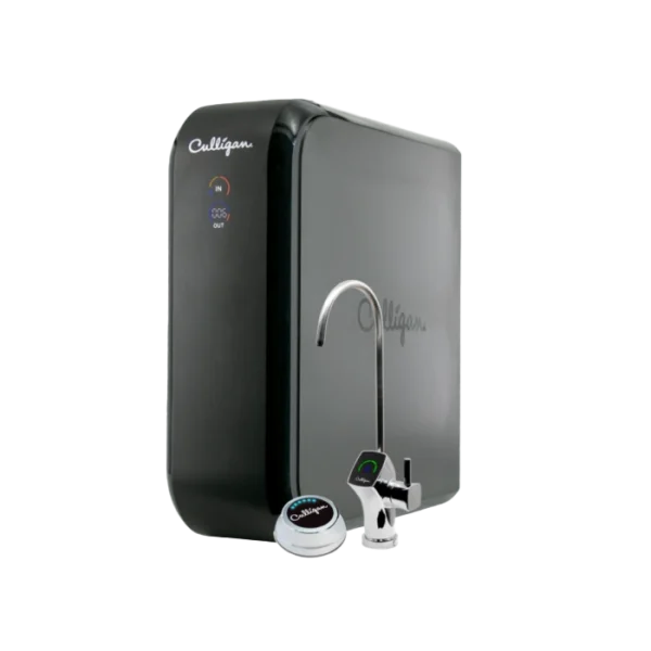 A black Culligan water purification system with a chrome gooseneck faucet and a circular remote dispenser button, shown against a black background.