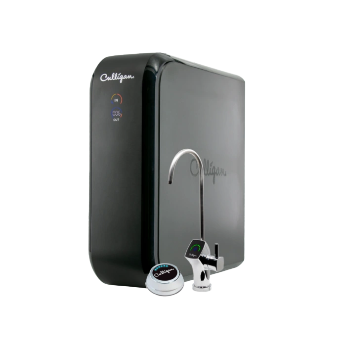 A black Culligan water purification system with a chrome gooseneck faucet and a circular remote dispenser button, shown against a black background.