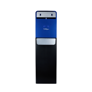 A modern, two-tone Culligan water cooler in royal blue and black, featuring hot and cold water dispensing with temperature displays, isolated on a black background.