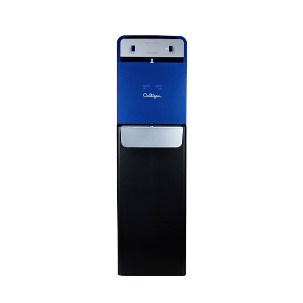 A modern, two-tone Culligan water cooler in royal blue and black, featuring hot and cold water dispensing with temperature displays, isolated on a black background.