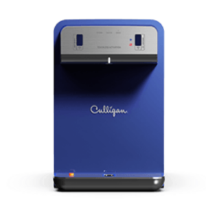 A sleek, modern deep blue Culligan water dispenser with a silver top panel featuring 'TOUCHLESS ACTIVATION' text and a dispensing spout. It has a black base and is set against a dark background.