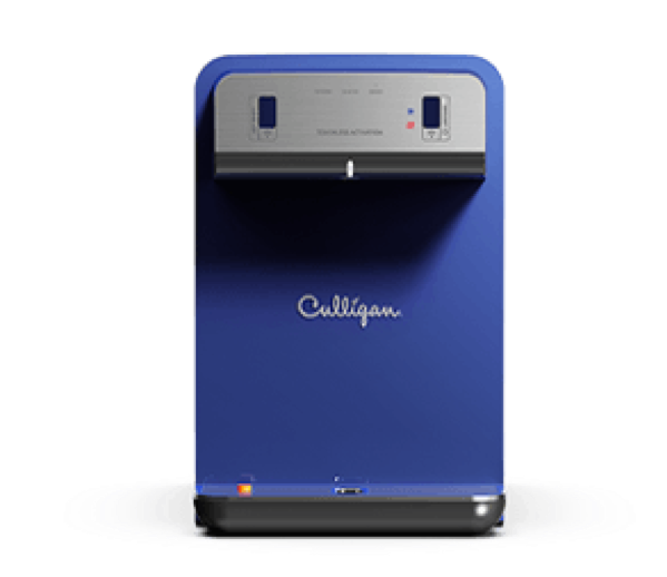 A sleek, modern deep blue Culligan water dispenser with a silver top panel featuring 'TOUCHLESS ACTIVATION' text and a dispensing spout. It has a black base and is set against a dark background.