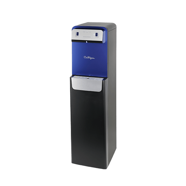 A sleek, dark gray and royal blue Culligan water cooler with a silver control panel and drip tray, set against a black background.