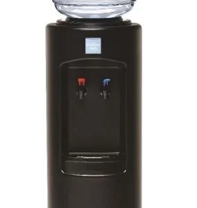 A black Culligan water cooler with a clear water bottle on top, showing red and blue spigots for hot and cold water.