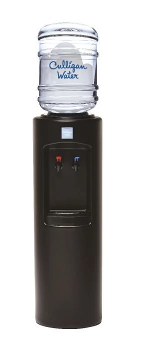 A black Culligan water cooler with a clear water bottle on top, showing red and blue spigots for hot and cold water.