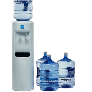 A light-colored Culligan water cooler with a full blue water bottle on top, and three additional full Culligan water bottles on the floor beside it, all against a black background.