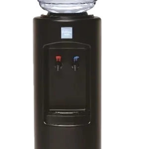 A sleek, dark gray Culligan Water cooler with a full clear water bottle on top, featuring red and blue spigots for hot and cold water.