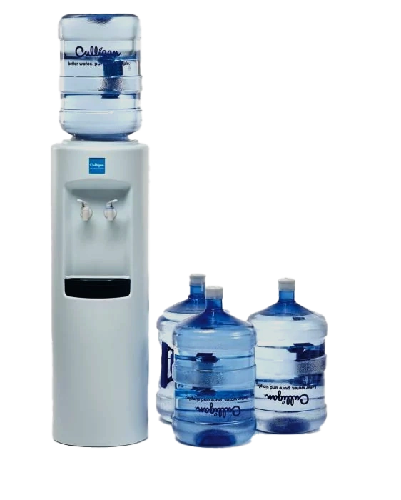 A light gray Culligan water cooler dispenser with a blue 5-gallon water bottle on top, and three more full water bottles on the floor next to it, all against a black background.