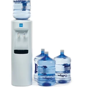 A light grey Culligan water cooler with a full blue water bottle on top, and three additional full Culligan water bottles sitting next to it on a white background.