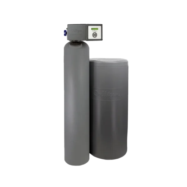 A gray Culligan water treatment system consisting of a tall tank with a digital control head and a shorter, wider tank, both on a black background.