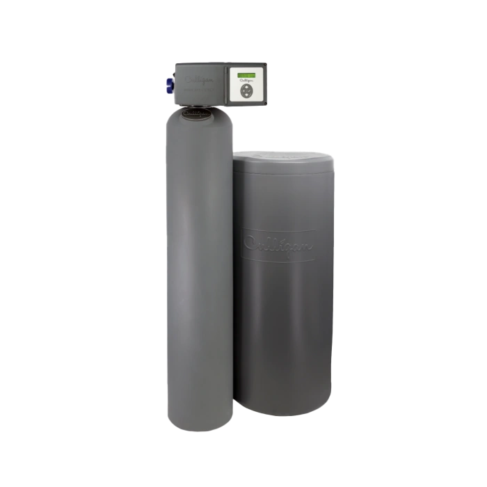 A gray Culligan water treatment system consisting of a tall tank with a digital control head and a shorter, wider tank, both on a black background.