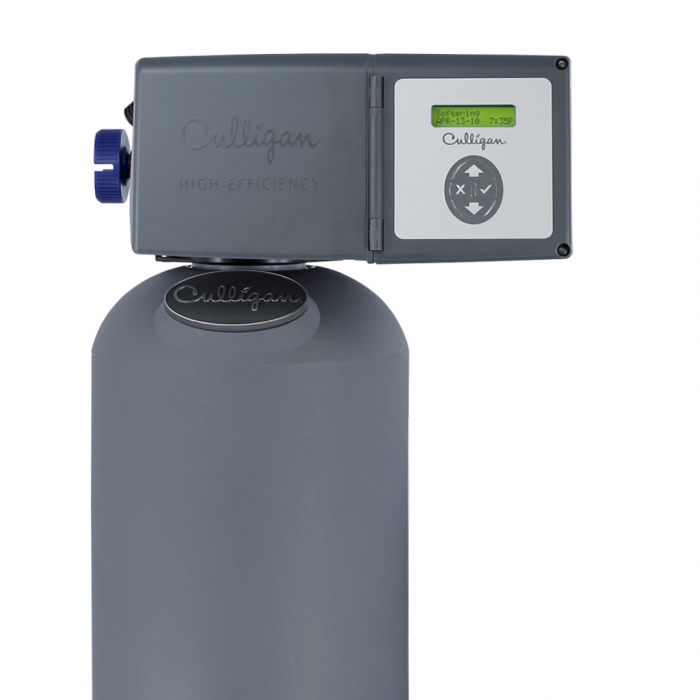 A gray Culligan High-Efficiency water softener with a digital display showing 