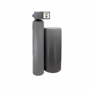 A gray Culligan water softener system with two tanks and a digital control head, against a black background.
