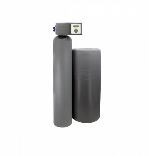 A gray Culligan water softener system with two tanks and a digital control head, against a black background.