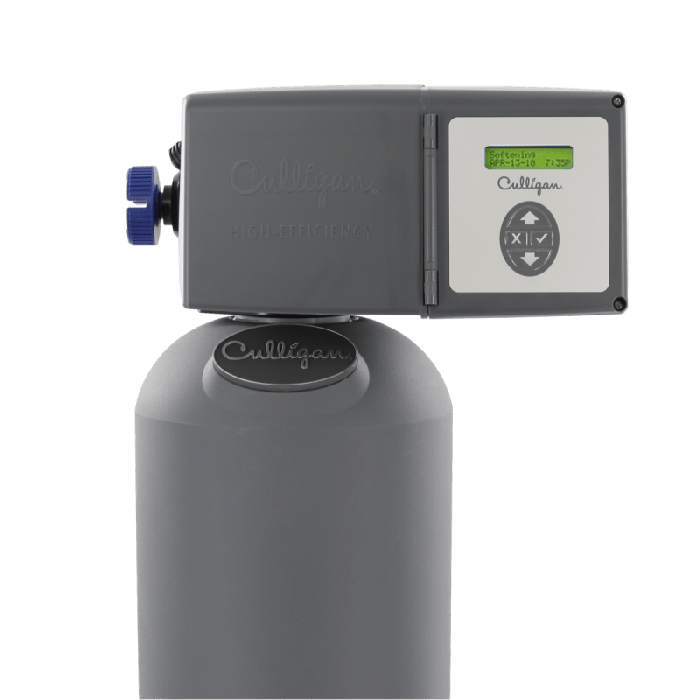 A gray Culligan High-Efficiency water softener with a digital display showing 