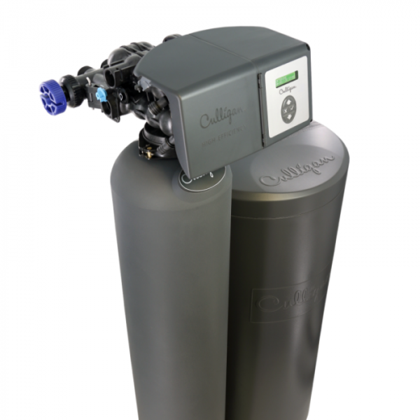 A dark gray Culligan high-efficiency water treatment system with two tanks, a digital control head, and a blue valve knob, set against a white background.