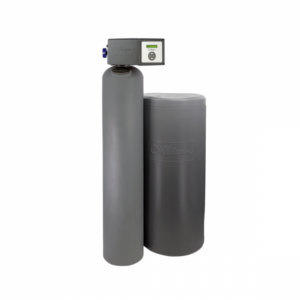 A gray Culligan water softener system consisting of two cylindrical tanks. The taller tank on the left has a digital control head with a blue knob, and the shorter tank on the right has the Culligan logo embossed on its side.