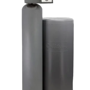 A gray Culligan water softener system, consisting of a tall resin tank with a digital control head and a shorter, wider brine tank, set against a black background.