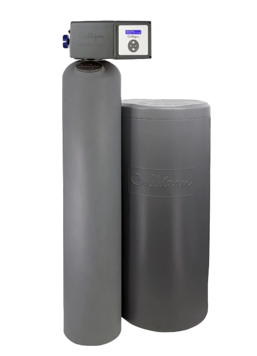 A gray Culligan water softener system, consisting of a tall resin tank with a digital control head and a shorter, wider brine tank, set against a black background.