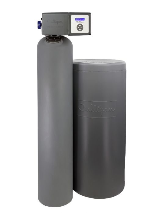 A gray Culligan water softener system with two tanks and a digital control head, on a white background.