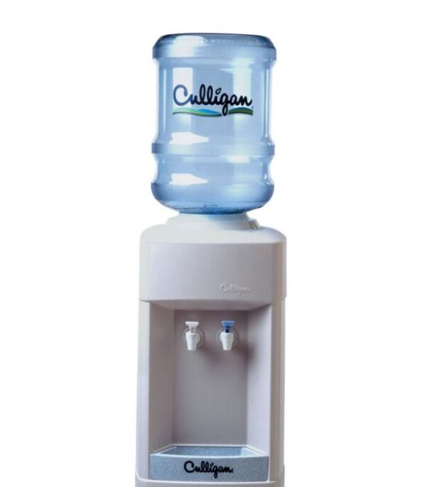 A Culligan water cooler with a large blue water bottle on top of a light gray dispenser unit, featuring two spigots and a drip tray with the Culligan logo.