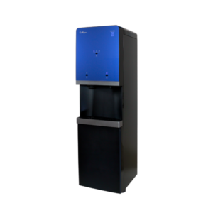A modern black and royal blue Culligan water cooler with illuminated dispense buttons and a silver drip tray, against a black background.