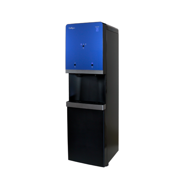 A modern black and royal blue Culligan water cooler with illuminated dispense buttons and a silver drip tray, against a black background.