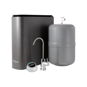A Culligan under-sink water filtration system, including a dark gray main unit, a gray storage tank, a chrome faucet, and a circular filter life indicator, all set against a black background.