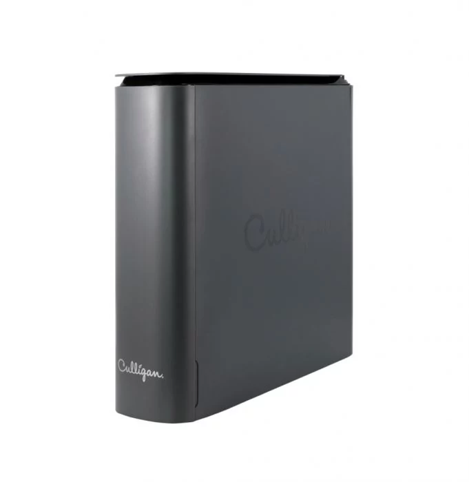 A dark gray Culligan water treatment device with rounded edges and a black top, standing upright against a white background.