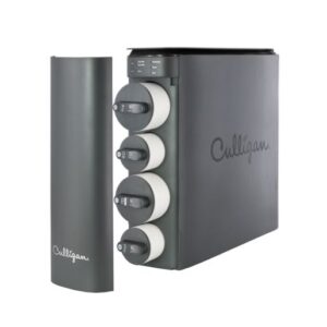 A dark gray Culligan water filtration system with four vertical filter cartridges and a separate cover, shown against a white background.