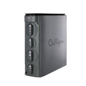 A dark gray Culligan water filtration system with four vertically stacked, labeled filter cartridges (Pre, RO 75, TD, Post) and indicator lights on a white background.