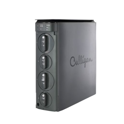 A dark gray Culligan water filtration system with four vertically stacked, labeled filter cartridges (Pre, RO 75, TD, Post) and indicator lights on a white background.