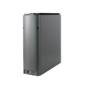 A dark gray rectangular electronic device with rounded edges, a metallic top, and various ports at the bottom, against a white background.