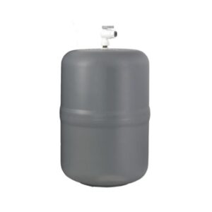 Gray cylindrical water pressure tank with a white quick-connect fitting on top.