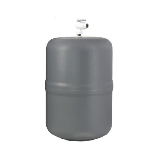 Gray cylindrical water pressure tank with a white quick-connect fitting on top.